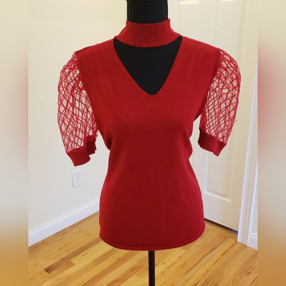 Red sweater with sheer puff sleeves, Love Ever After, size L,